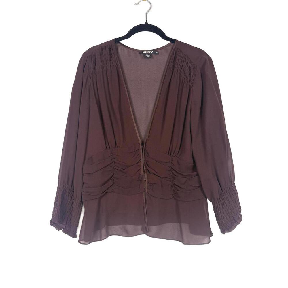 DKNY Sheer Brown Ruched Chiffon Cardigan Blouse Smocked Cuffs Deep V-Neck Sz 10